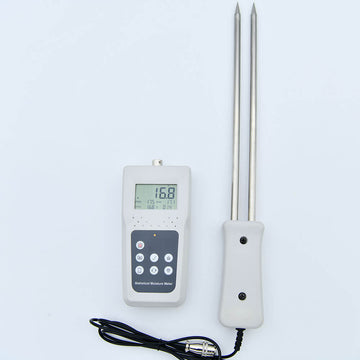 Digital grain moisture meter with a long needle probe sensor and clear LCD screen.